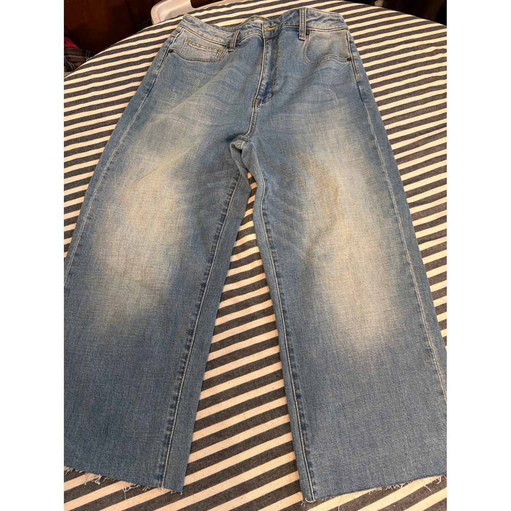 Oliver Logan Womens High Rise Wide Leg Jeans Light Wash Raw Hem Size 31‎